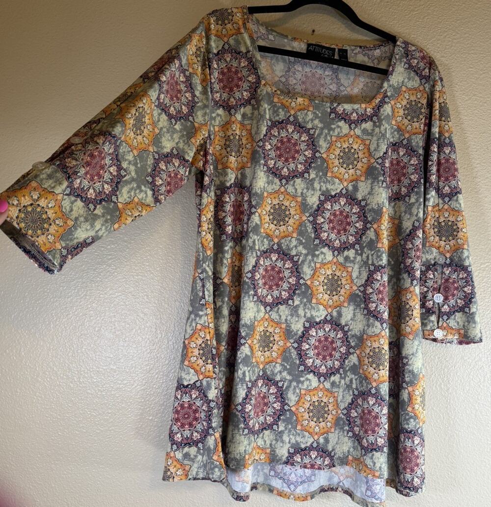 Attitudes By Renee XL Art to Wear Boho Tunic Mandala Print Stretch 3/4 Sleeve